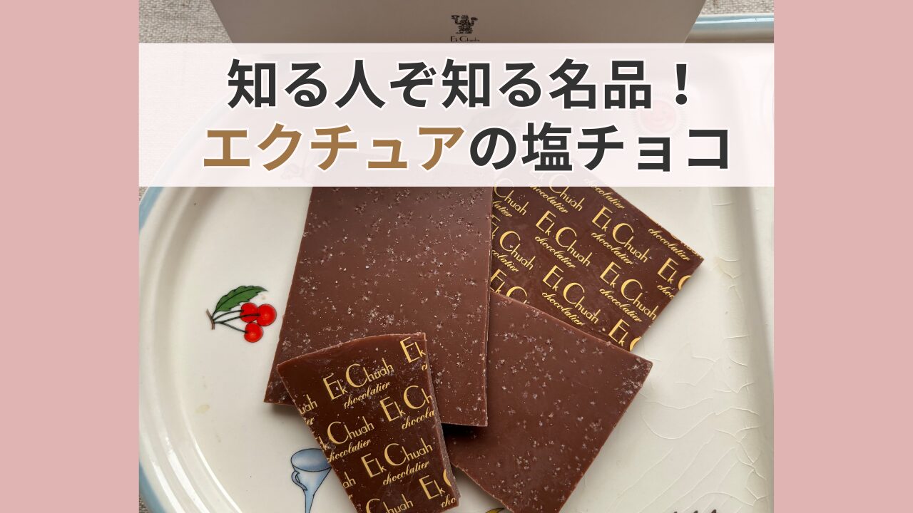 大粒の塩が乗ったエクチュアの塩チョコレートと「知る人ぞ知る名品！」のタイトル文字。