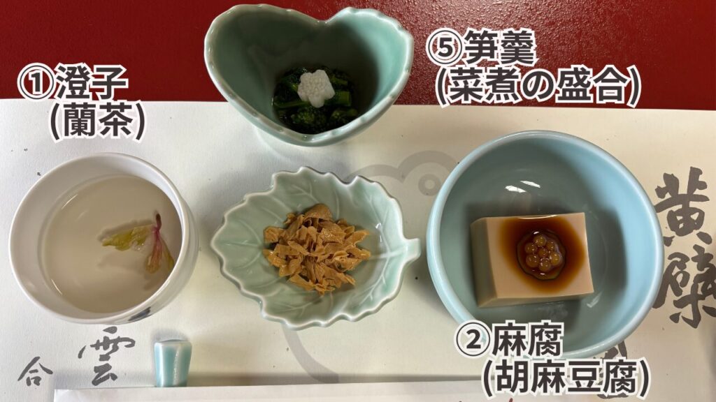 メニュー①澄子：蘭茶②麻腐：胡麻豆腐⑤笋羹：菜煮の盛合がテーブルに並んでいる様子。