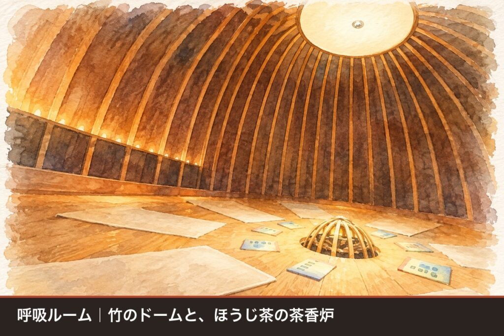 TOTOPA女性フロアの呼吸ルーム 竹で組まれたドーム型の天井とヨガマット