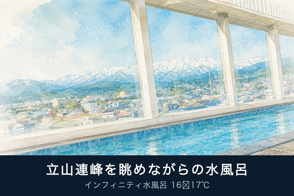 スパ・バルナージュのインフィニティ水風呂と立山連峰(イラスト)