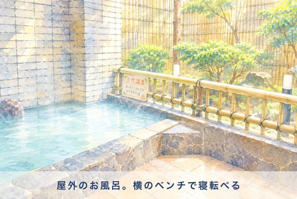 白山湯 六条店 屋外のお風呂のイメージイラスト 水彩画