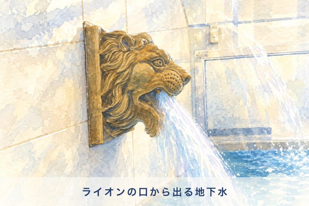 白山湯 六条店 ライオンの口から出る地下水のイメージイラスト 水彩画