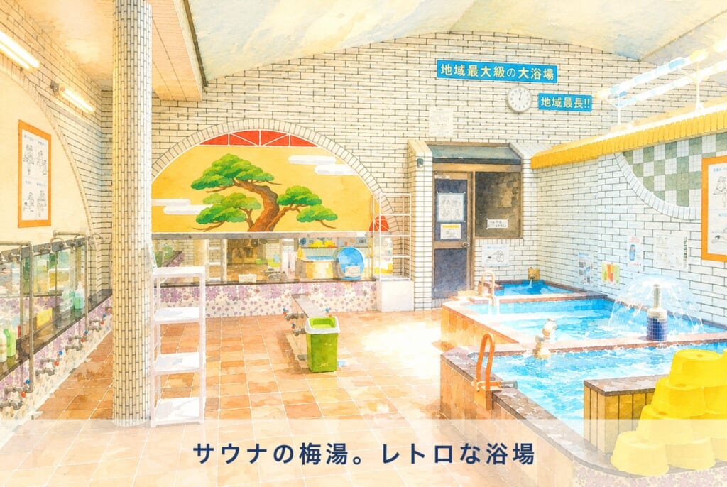サウナの梅湯 レトロな浴場のイメージイラスト 水彩画